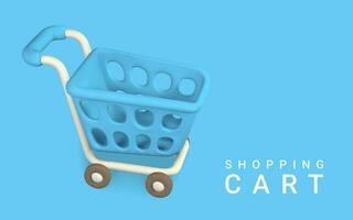 3d vacío azul compras carro en un azul antecedentes. compras concepto. vector ilustración