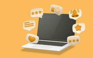 3d realistic laptop and speech bubble with social icons in cartoon style. Vector illustration