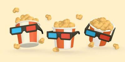 3d realistic pop corn bucket container with glasses for watching movies in plastic cartoon style. Vector illustration