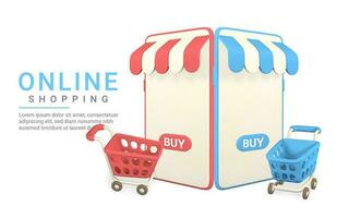 Online shopping concept. Realistic 3d shop in mobilephone with shopping cart. Online store. Vector illustration