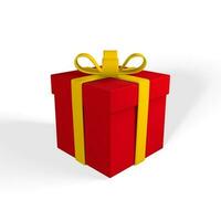 3D realistic red gift box with yellow ribbon and bow. Paper box on white background with shadow. Vector illustration