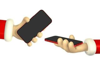 Cartoon character hand with smart phone, scrolling or searching for something. 3d render santa hand. Vector illustration