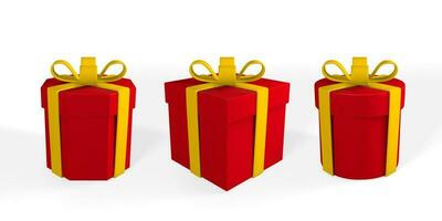 3D realistic red gift box with yellow ribbon and bow. Paper box on white background with shadow. Vector illustration