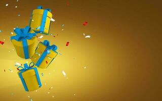 3d realista papel amarillo regalo cajas con azul cinta y arco. papel cajas que cae con papel picado en amarillo antecedentes. vector ilustración