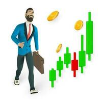 Trade of stock. Financial chart to buy and sell for stock exchange market concept. Businessman character in 3D cartoon stile. Chart of trade with candles. Vector illustration