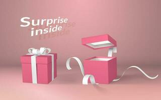 3D render realistic open and closed gift boxes. Red paper box with white ribbon and shadow on empty room. Vector illustration