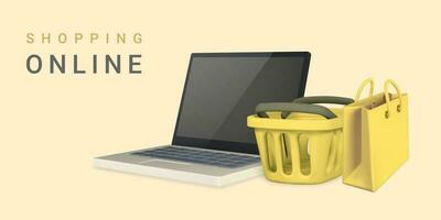 Online shopping concept. Realistic 3d laptop with yellow shopping basket and bag. Online store. Vector illustration