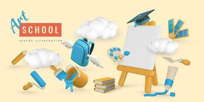 Art school concept. 3d realistic easel, paint tube, brush, roller brash, color palette, pencil, tin of paint, book, alarm clock, graduation cap and diploma in cartoon style. Vector illustration