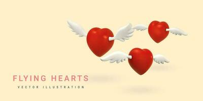 3d flying red hearts with wings on light background. Valentines day concept. Vector illustration