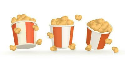 3d realistic pop corn in bucket container in plastic cartoon style. Vector illustration