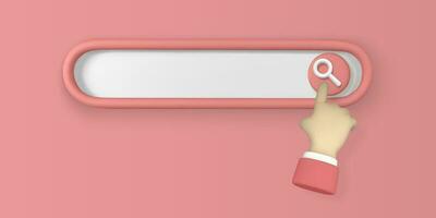 Realistic 3d search bar design element with hand pointing in cartoon minimal style on red background. Vector illustration