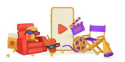 Cinema and Movie time. Banner with phone, film reel, director chair, loudspeaker, clapperboard, bucket of popcorn, armchair,  ticket, 3d glasses and paper cup. Vector illustration