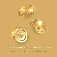3d Traditional Chinese gold coin with square hole. Asian traditional elements. Vector illustration