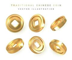 3d Traditional Chinese gold coin with square hole. Asian traditional elements. Vector illustration