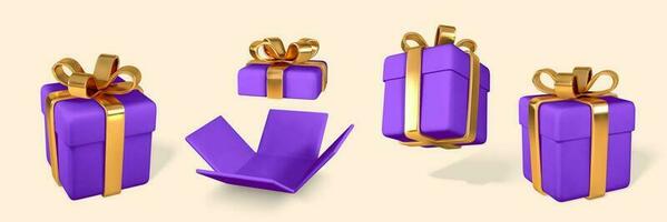 3D realistic purple gift boxes with golden bow. Paper boxes with ribbon and shadow isolated on light background. Vector illustration