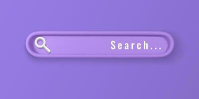 Realistic 3d search bar design element in cartoon minimal style on violet background. Vector illustration