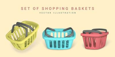 Set of 3d empty blue, red and yellow shopping baskets. Shopping concept. Vector illustration