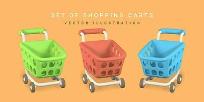 3d empty red, green and blue shopping carts. Shopping concept. Vector illustration