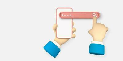 Realistic 3d phone with search bar element and hand pointing in cartoon minimal style on light background. Vector illustration