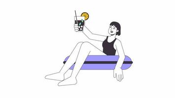 Mädchen auf aufblasbar Ring mit Cocktail Prost Linie Karikatur Animation. Urlaub Strand 4k Video Bewegung Grafik. glücklich jung Frau Sommer- Schwimmbad 2d linear animiert Charakter isoliert auf Weiß Hintergrund