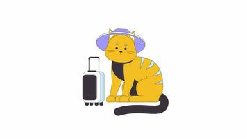 Cute cat traveler with luggage line 2D animation. Tabby cat wearing hat with suitcase 4K video motion graphic. Funny animal wagging tail linear animated cartoon flat concept, white background