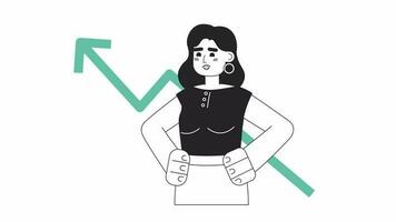 Stock trader woman with growing arrow bw 2D animation. Success chart 4K video motion graphic. Lady with sales growth graph monochrome outline animated cartoon flat concept, white background