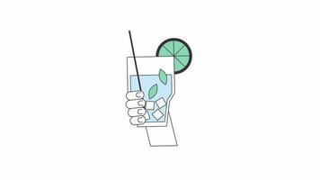 segurando coquetel verão beber linha 2d mão animação. hortelã Mojito com canudo. Lima coquetel vidro plano linear desenho animado 4k vídeo, alfa canal. verão refresco animado corpo parte em branco fundo video