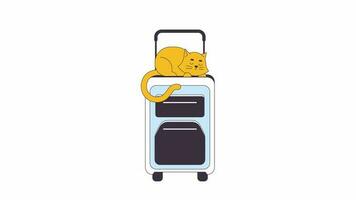 Cat sleeping on suitcase line cartoon animation. Resting kitten lying on luggage top 4K video motion graphic. Go on summer vacation pet 2D linear animated character isolated on white background