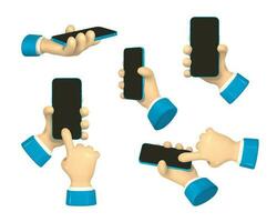 Cartoon character hands with smart phone, scrolling or searching for something. 3d render hand businessman in suit. Vector illustration