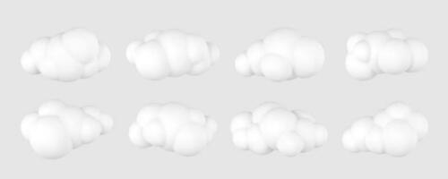 3d plastic clouds. Set of round cartoon fluffy clouds isolated on a gray background. Vector illustration