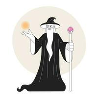 Old wizard monochrome concept vector spot illustration. Mysterious magician with silver beard and magic staff 2D flat bw cartoon character for web UI design. Isolated editable hand drawn hero image