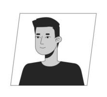 Young indian brunette man black white cartoon avatar icon. Editable 2D character user portrait, linear flat illustration. Vector face profile. Outline person head and shoulders