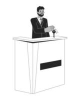 Male receptionist at hotel front desk flat line black white vector character. Editable outline full body person. Motel check in simple cartoon isolated spot illustration for web graphic design