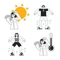 Excessive heat warning monochrome concept vector spot illustration set. People sweating 2D flat bw cartoon characters for web UI design. Hot outside isolated editable hand drawn hero image pack