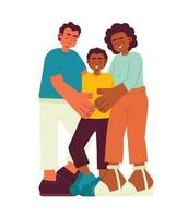 Mixed race family hug candid flat vector spot illustration. Latino father and african american mom embracing son 2D cartoon characters on white for web UI design. Isolated editable creative hero image