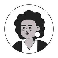 maravilloso mujer monocromo plano lineal personaje cabeza. Rizado peinado y dorado pendientes. editable contorno mano dibujado humano cara icono. 2d dibujos animados Mancha vector avatar ilustración para animación