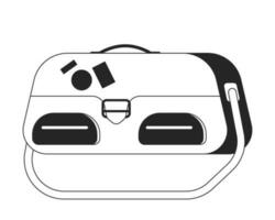 Travel handbag flat monochrome isolated vector object. Hand bag with luggage stickers. Tourism. Editable black and white line art drawing. Simple outline spot illustration for web graphic design