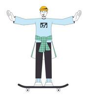 Handsome skater waving flat line color vector character. Editable outline full body young man doing tricks on skateboard on white. Simple cartoon spot illustration for web graphic design