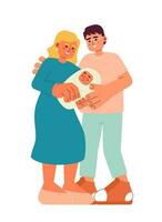 Mom dad newborn flat vector spot illustration. Baby and parents 2D cartoon characters on white for web UI design. Mixed race couple holds baby. Infant parenthood isolated editable creative hero image