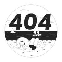 Vacation beach black white error 404 flash message. Lying sunbathing girl looking at ocean. Monochrome empty state ui design. Page not found popup cartoon image. Vector flat outline illustration