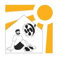 Stay in air conditioned room monochrome concept vector spot illustration. European man sitting in front of fan 2D flat bw cartoon character for web UI design. Isolated editable hand drawn hero image