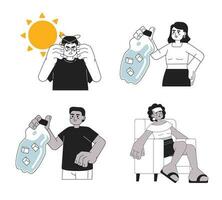 Overheated dehydration in summer monochrome concept vector spot illustration set. Heatstroke 2D flat bw cartoon characters for web UI design. Heat wave isolated editable hand drawn hero image pack