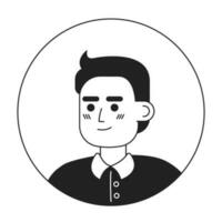 Cheerful asian boy with short haircut monochrome flat linear character head. Editable outline hand drawn human face icon. 2D cartoon spot vector avatar illustration for animation