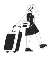 Hat young woman travelling with suitcase flat line black white vector character. Editable outline full body person. Tropical vacation simple cartoon isolated spot illustration for web graphic design