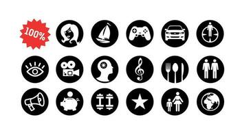 Set of icons, material values and consumer goods. Vector. Dreams, lifestyles and hobbies. The card of the desires of a man. Silhouette flat style. Signs and symbols for design. vector