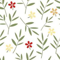 Small flowers with green leaves and twigs on a white background. Floral repeating background. Seamless cute pattern for textile. Vector. vector