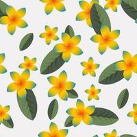 Plumeria tropical. Seamless cute pattern with exotic yellow flowers and leaves on a light gray background. Floral design. Vector. vector