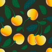 Yellow cherries with green leaves on a dark background. Berry background. Seamless cute pattern with sweet cherry. Vector. vector