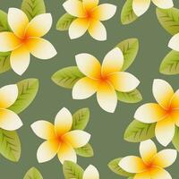 Plumeria tropical. Seamless cute pattern with exotic flowers and leaves on a green background. Modern trendy floral design. Vector. vector