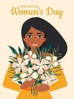 internacional De las mujeres día. un hermosa niña con largo negro pelo sonrisas y sostiene un ramo de flores de hibisco flores en un rosado vertical antecedentes. vector. vector